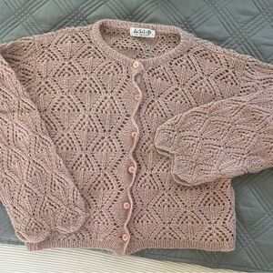 Vintage Style Crochet Look Knit Cardigan Sweater – Taupe Brown, New Without Tags